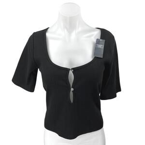 NEW Abercrombie & Fitch Black Rib Knit Short Sleeve Cutout Crop Blouse Top Sz L